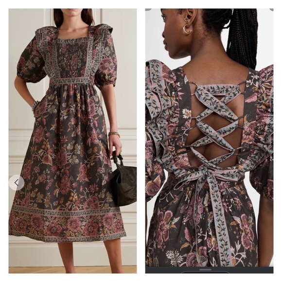 NWT SEA NEW YORK Tess Puff Sleeve Open Back Smocked Floral Midi Dress Size 4 - Picture 1 of 14